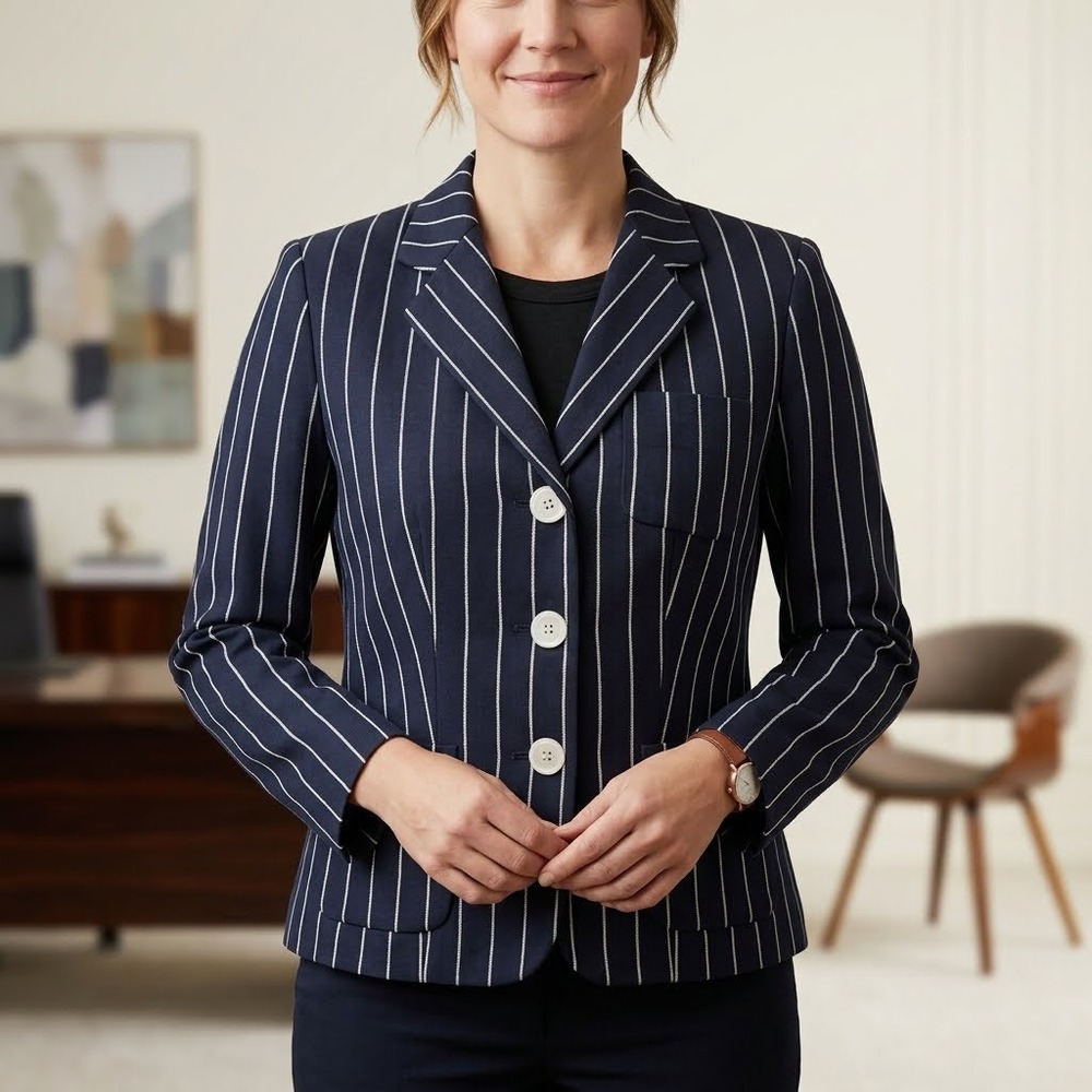 Lauren Ralph Lauren Petite Navy Pinstripe Pima Cotton Silk Blazer Jacket Size 6P